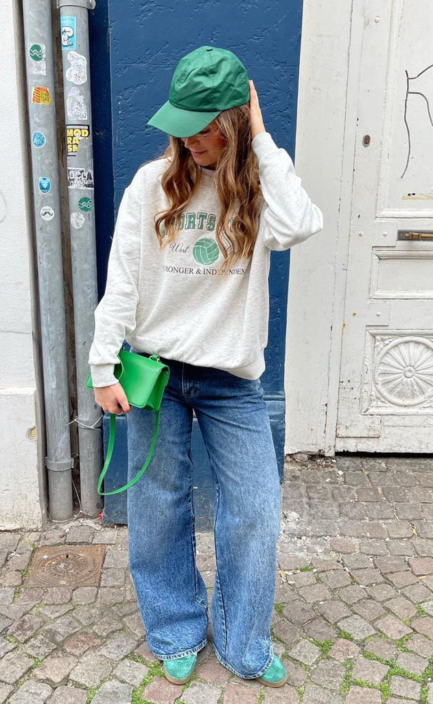 PIECES Sweatshirt - Carina - Light Grey Melange w. Green Embroidery